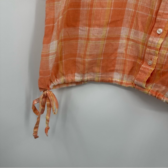 True Craft Orange Plaid Cropped Button Shirt Size Large Linen Blend - Picture 3 of 9